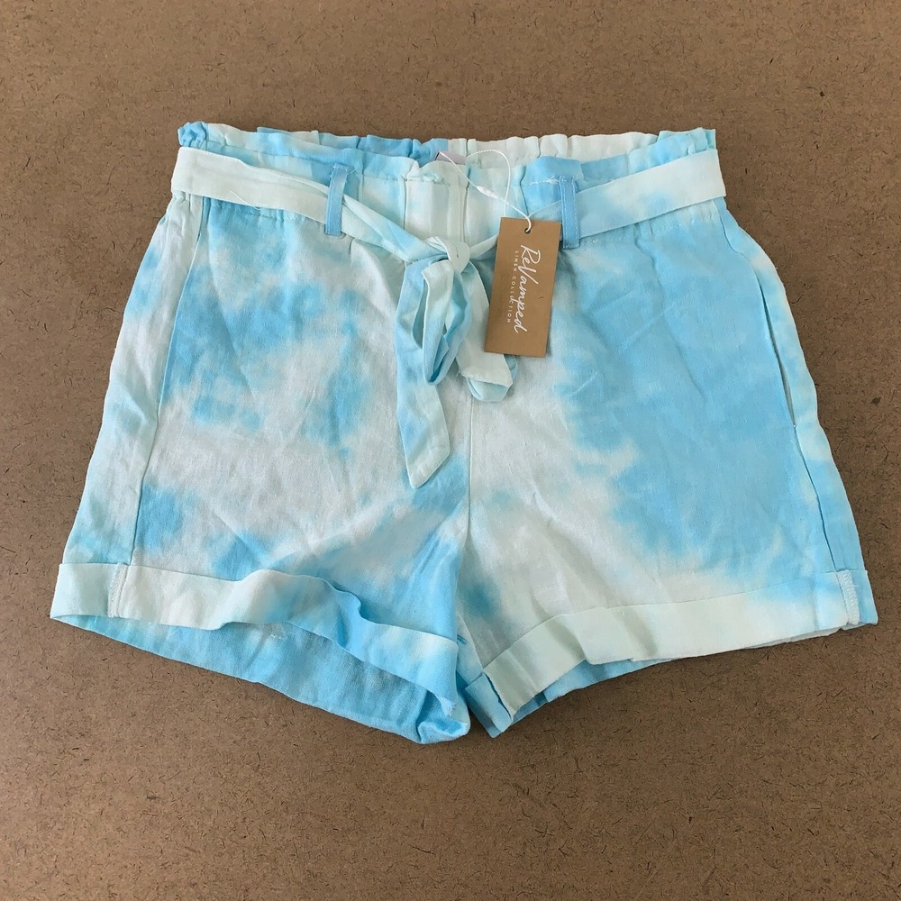 ReVamped Women's Size Small Blue Tie Dye Linen Blend Paper Bag Shorts NWT